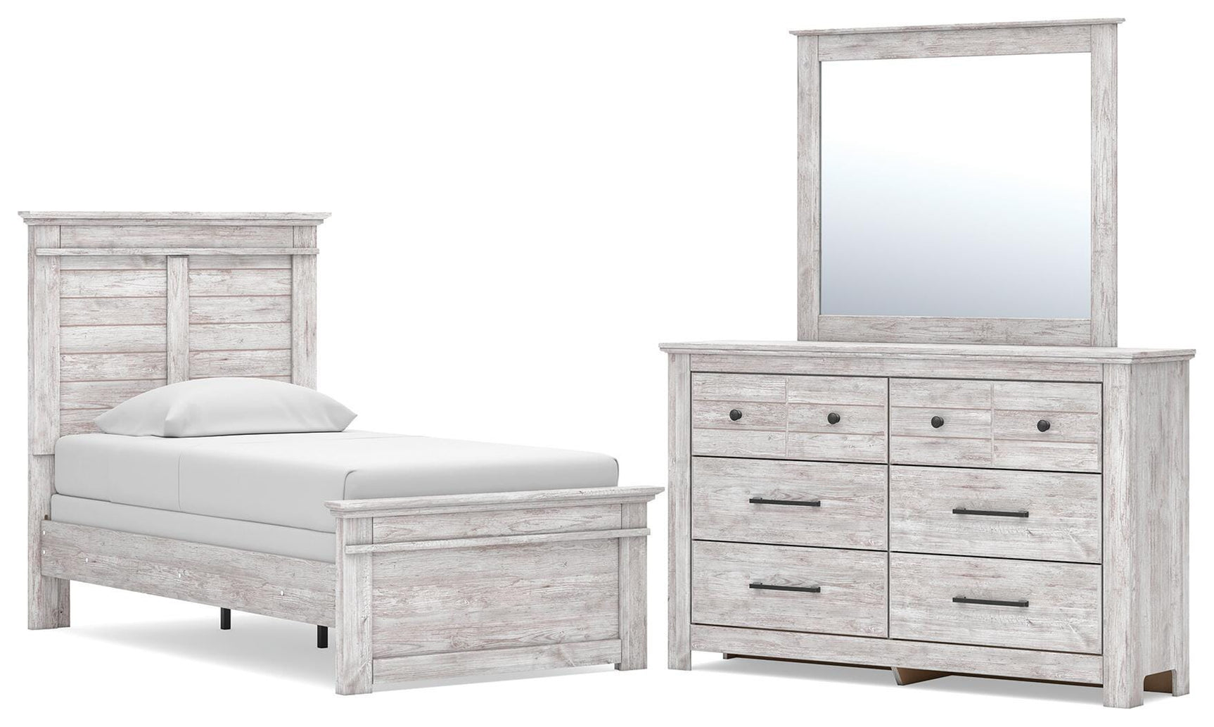 Makidern Whitewash Twin Panel Bed, Dresser and Mirror - Ornate Home