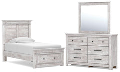 Makidern Whitewash Twin Panel Storage Bed, Dresser and Mirror - Ornate Home