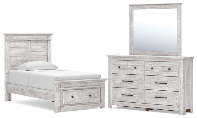 Makidern Whitewash Twin Panel Storage Bed, Dresser and Mirror - Ornate Home