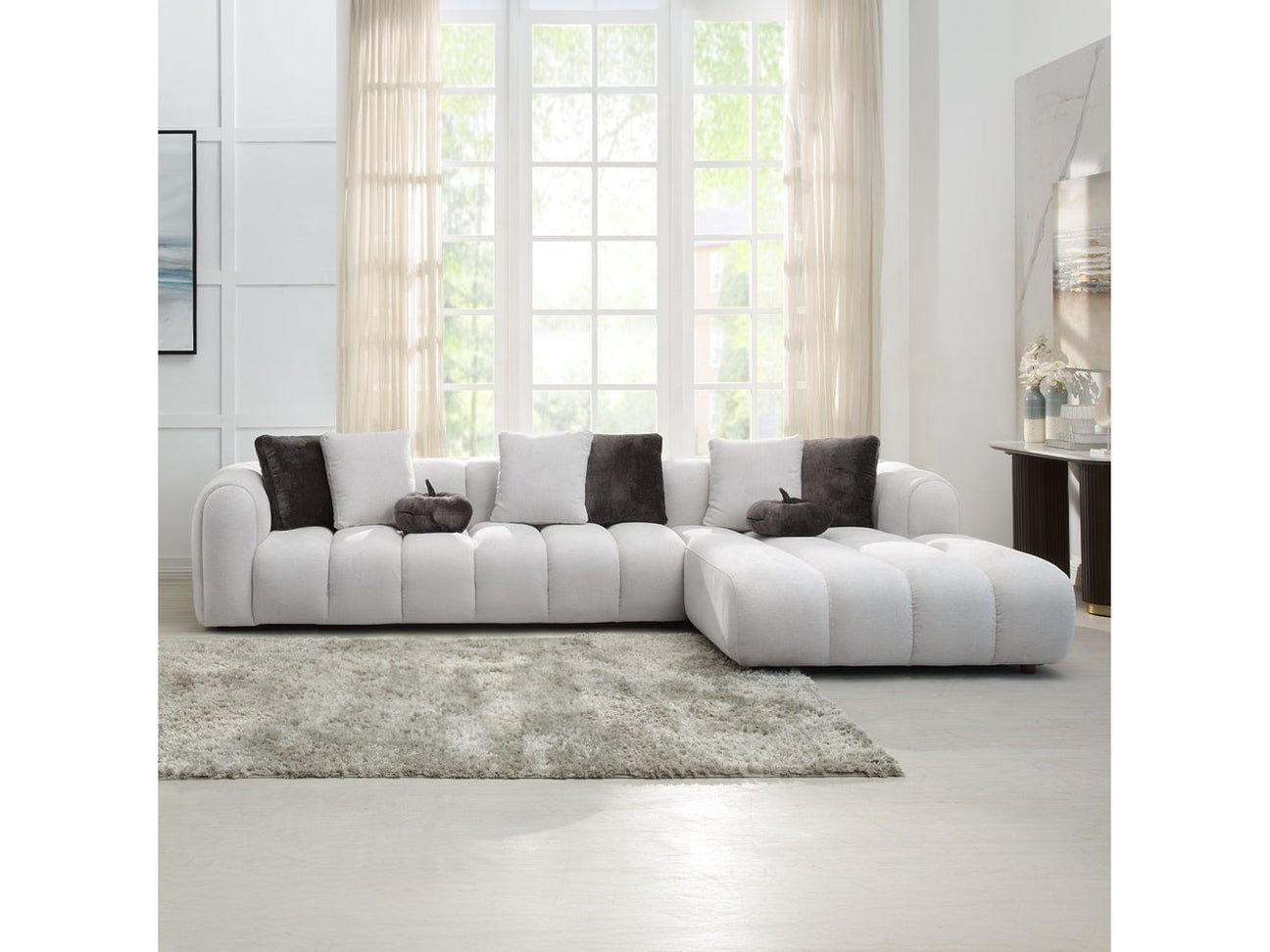 Manilla Ivory White Linen Sectional Sofa w/8 Pillows - Ornate Home