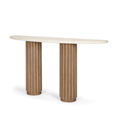 Marbrello Light Brown Botticino Marble Top Fluted Wood Half Moon Console Table