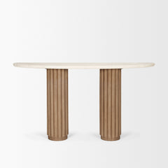 Marbrello Light Brown Botticino Marble Top Fluted Wood Half Moon Console Table