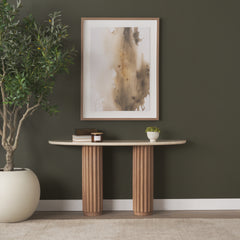 Marbrello Light Brown Botticino Marble Top Fluted Wood Half Moon Console Table