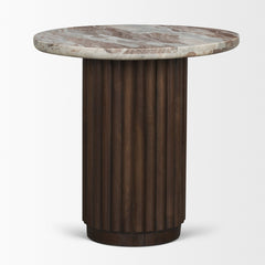 Marbrello Pink/Brown Marble Top Espresso Fluted Wood Round Side Table