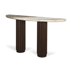 Marbrello Pink/Dark Brown Marble Top Fluted Wood Half Moon Console Table Top - Ornate Home