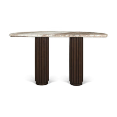 Marbrello Pink/Dark Brown Marble Top Fluted Wood Half Moon Console Table Top - Ornate Home