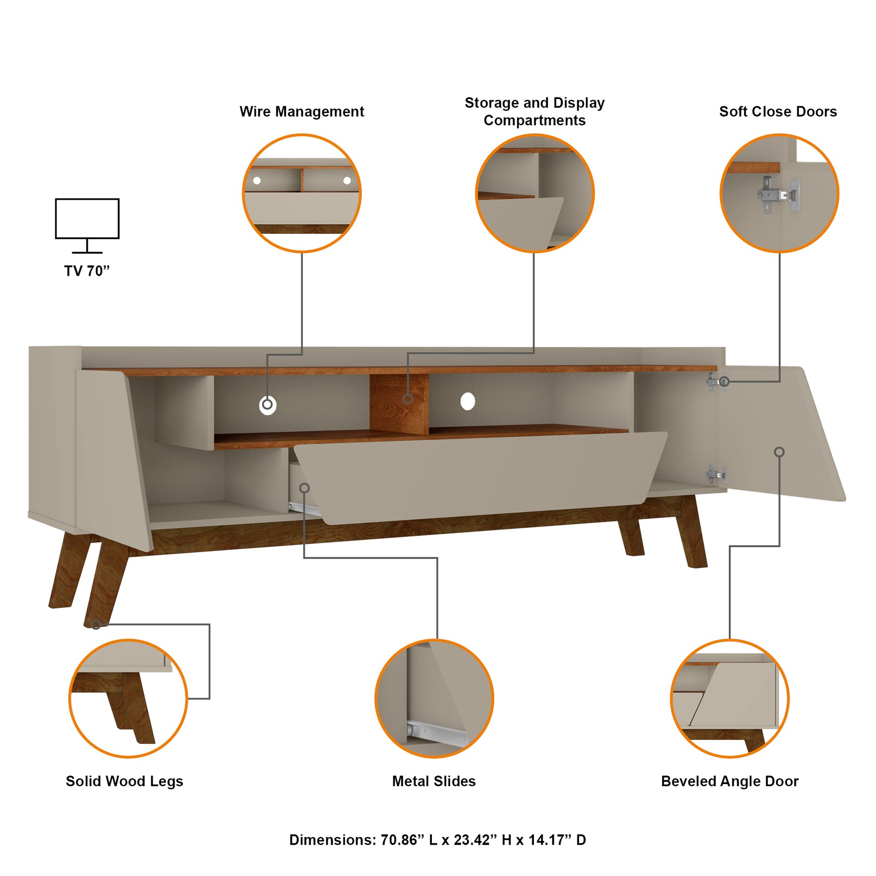 Marcus 70.86 TV Stand in Greige and Nature - Ornate Home