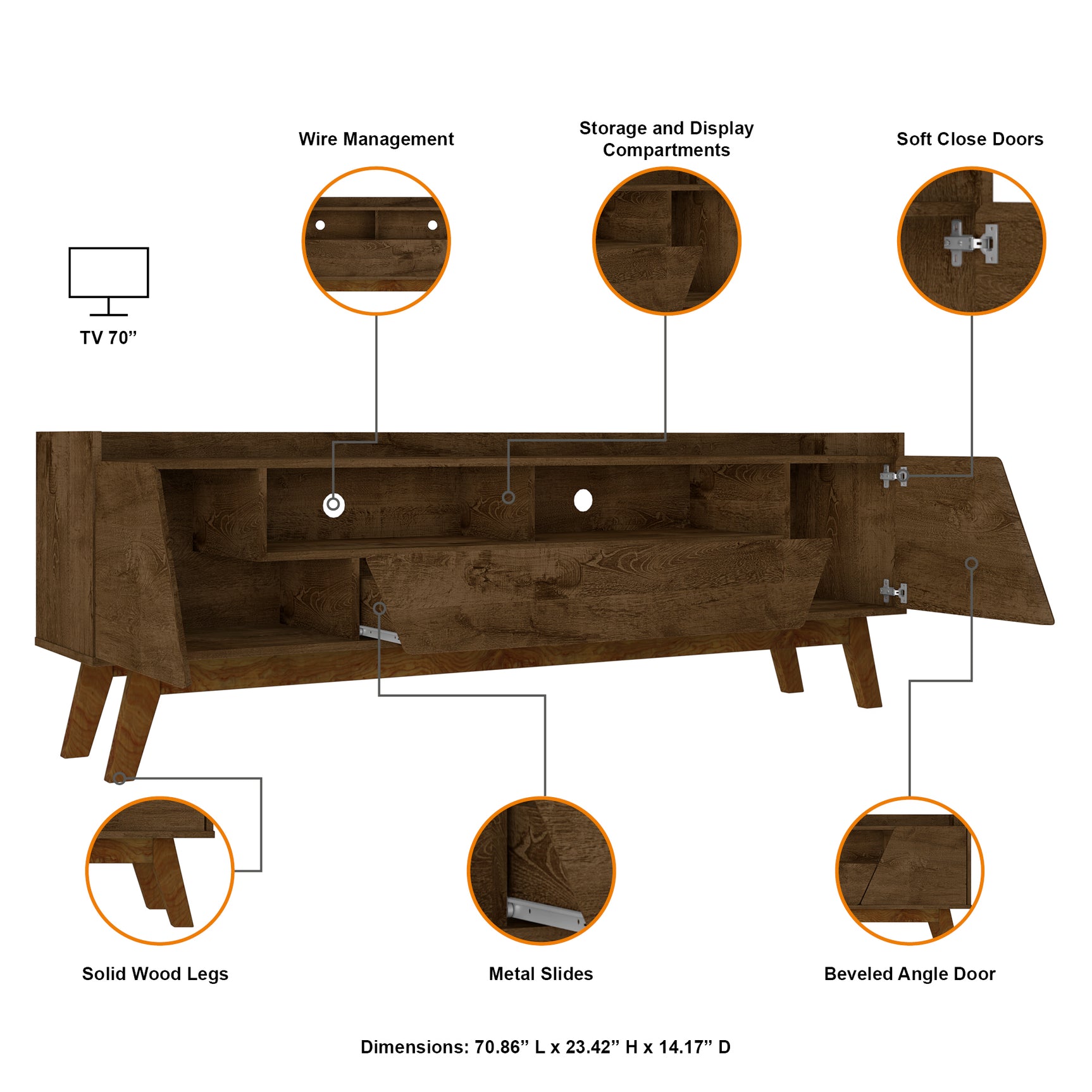 Marcus 70.86 TV Stand in Rustic Brown - Ornate Home