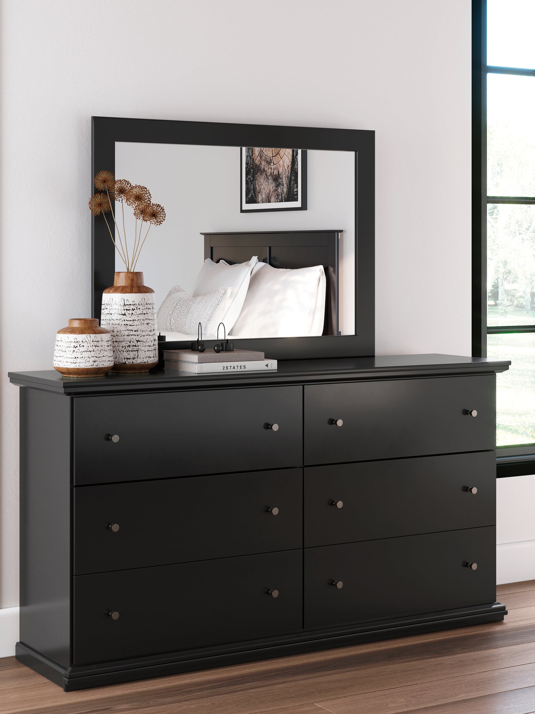 Maribel Black Queen Panel Bed, Dresser and Mirror - Ornate Home