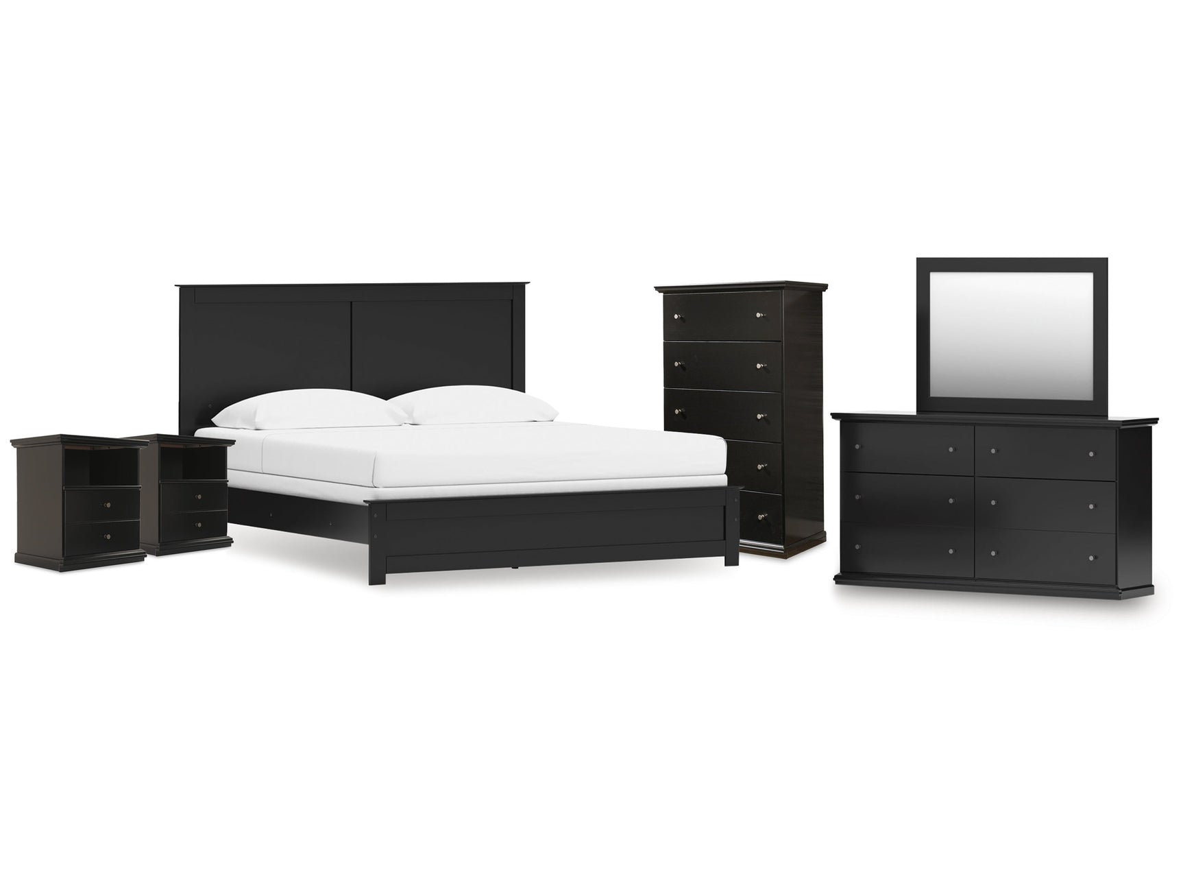 Maribel King Panel Bed, Dresser, Mirror, Chest, and 2 Nightstands - Ornate Home