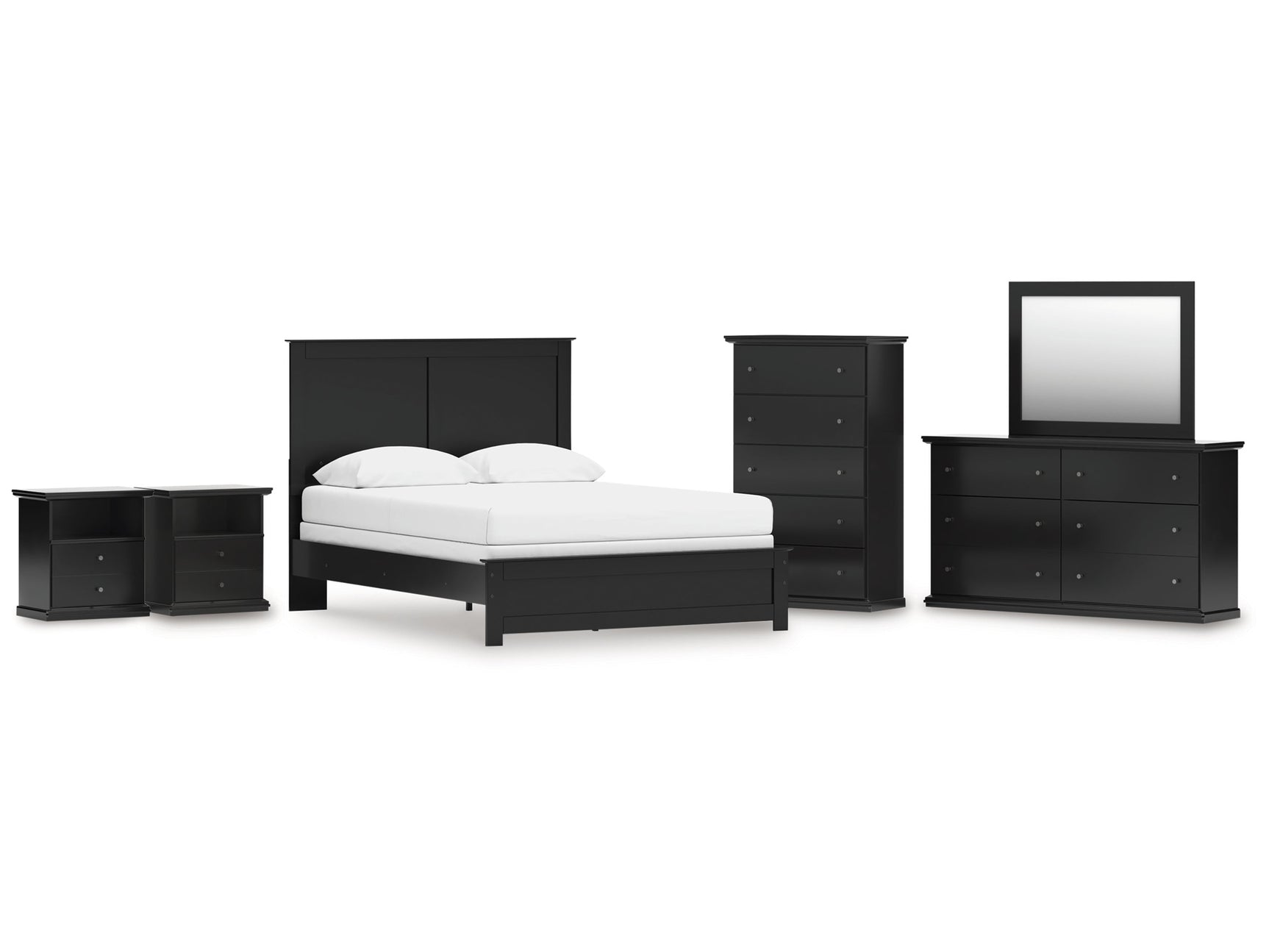 Maribel Queen Panel Bed, Dresser, Mirror, Chest and 2 Nightstands - Ornate Home