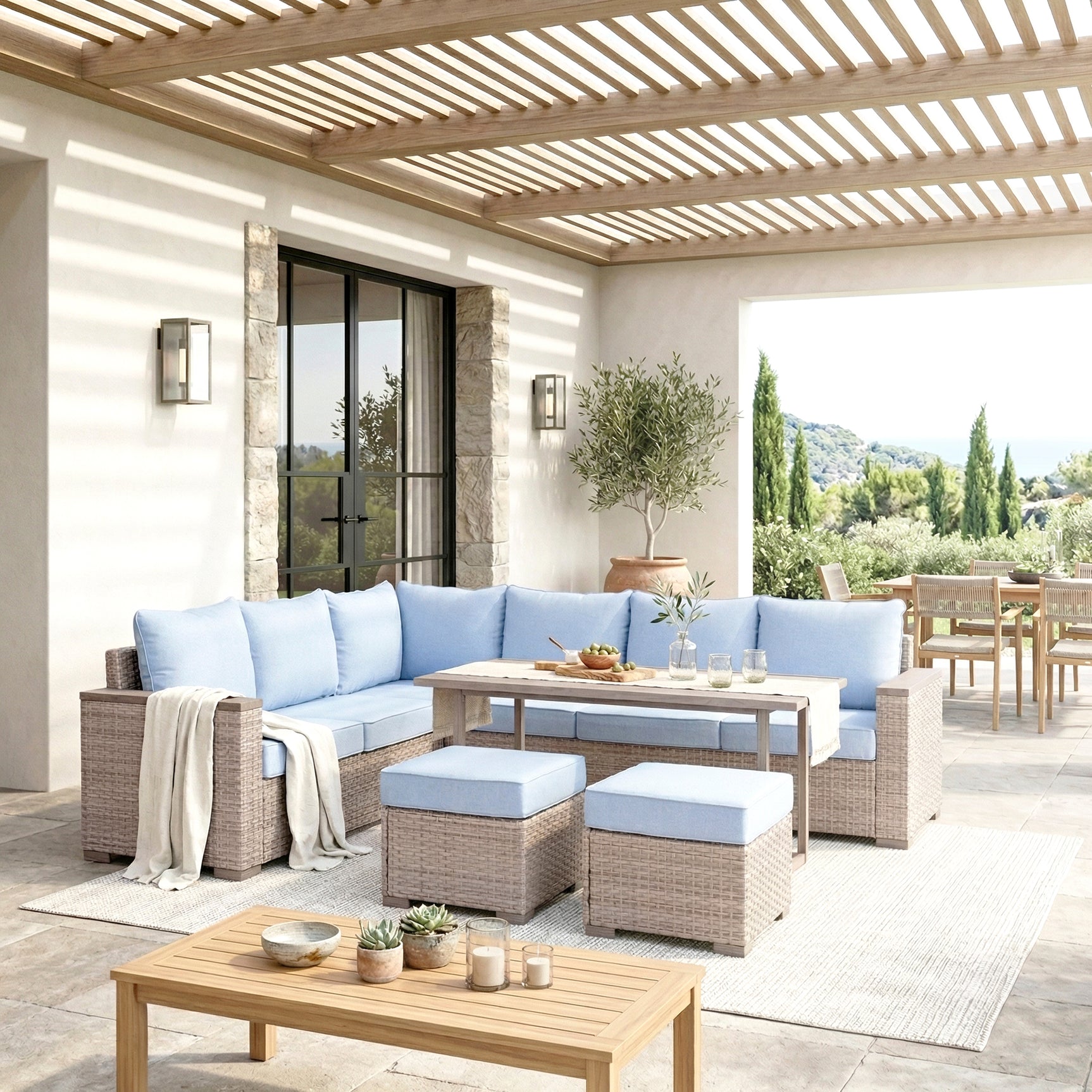Marina Blue/Brown Outdoor Sectional Set - Ornate Home