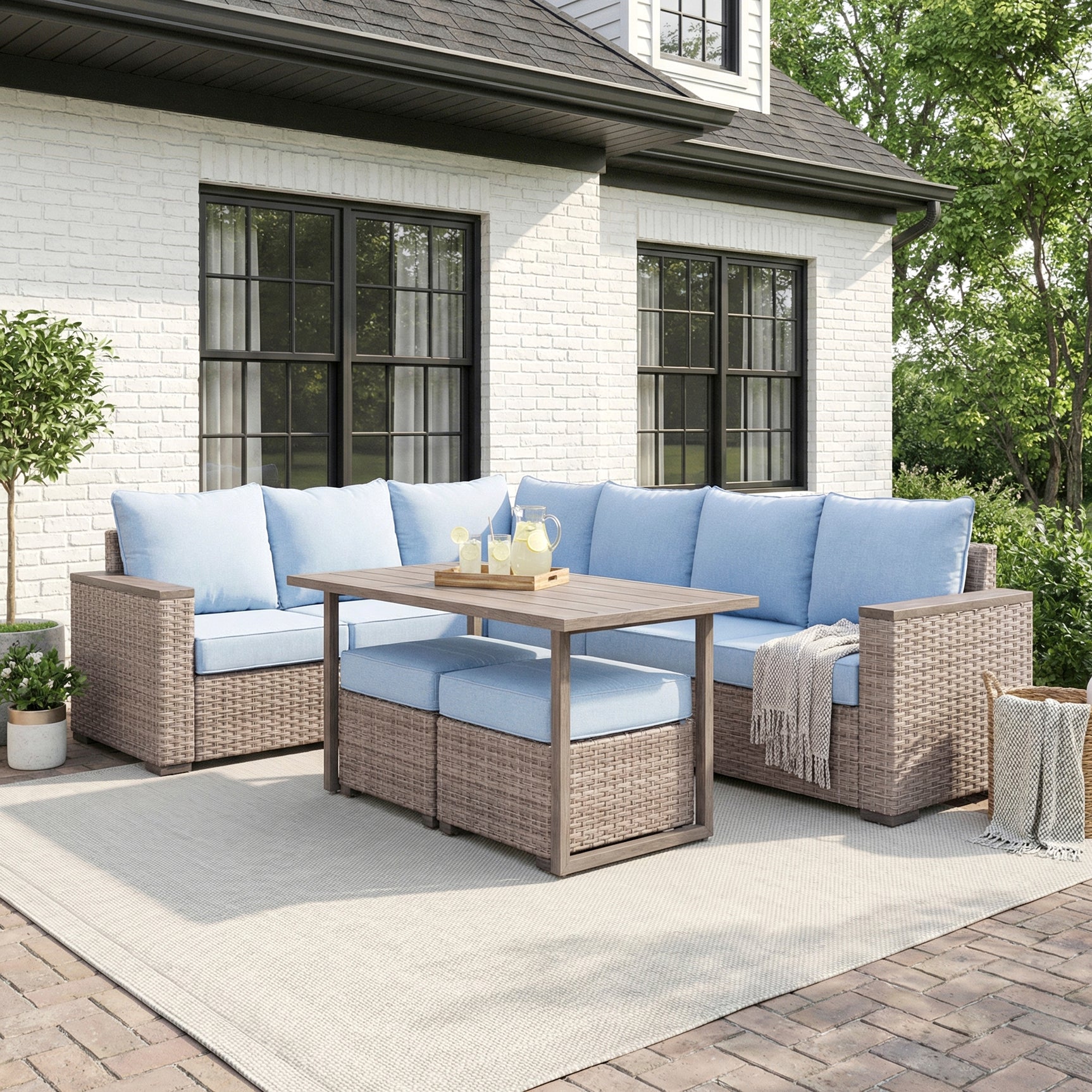 Marina Blue/Brown Outdoor Sectional Set - Ornate Home