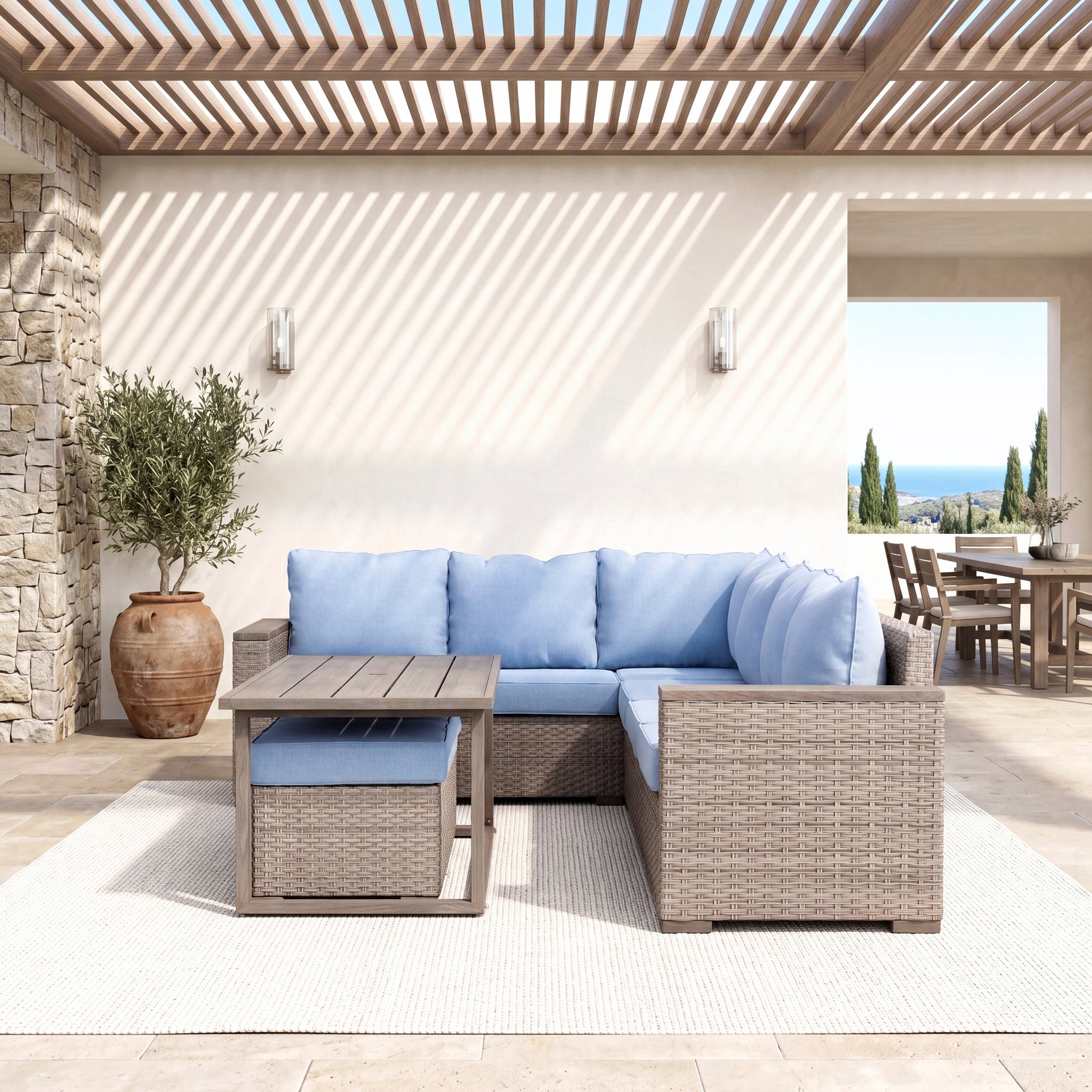 Marina Blue/Brown Outdoor Sectional Set - Ornate Home