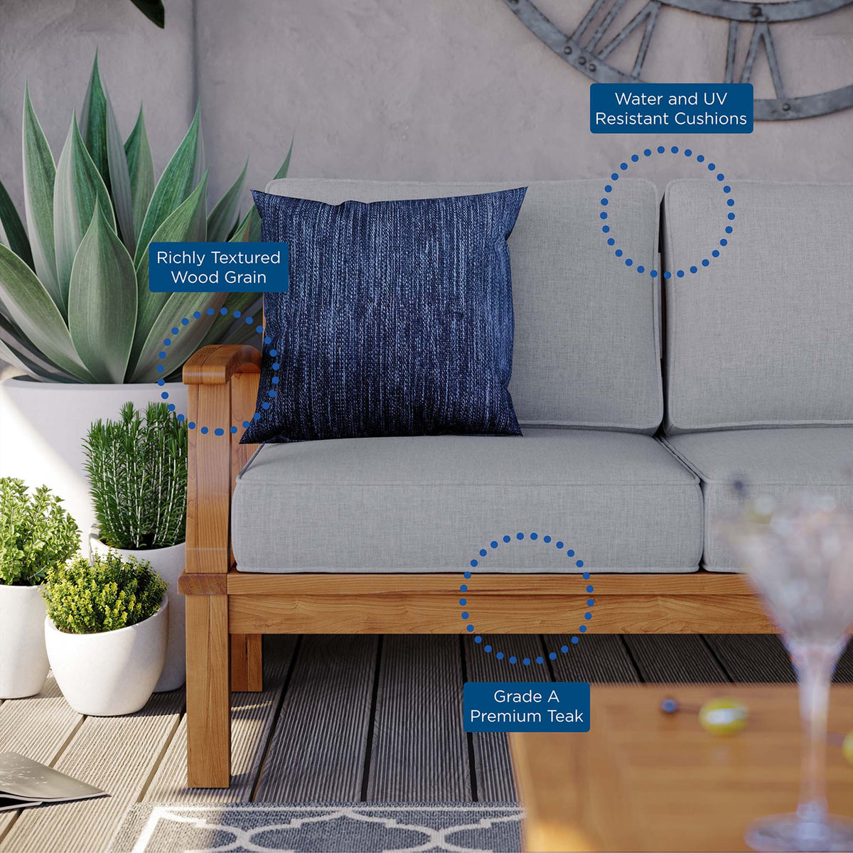 Marina Natural/Gray Outdoor Patio Teak Sofa - Ornate Home