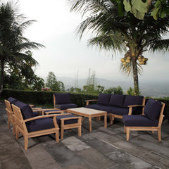Marina Natural/Navy 10 Piece Outdoor Patio Teak Set - 150x120" - Ornate Home