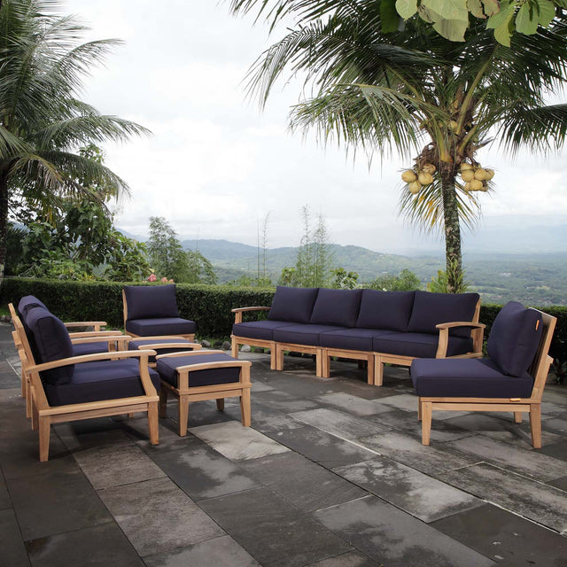 Marina Natural/Navy 10 Piece Outdoor Patio Teak Set - 193x118" - Ornate Home