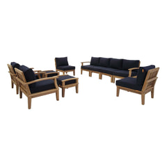 Marina Natural/Navy 10 Piece Outdoor Patio Teak Set - 193x118" - Ornate Home