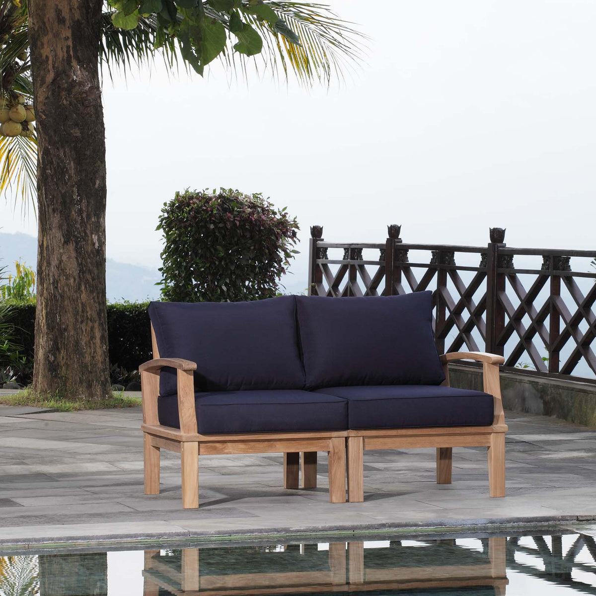 Marina Natural/Navy 2 Piece Outdoor Patio Teak Set - 32.5x57" - Ornate Home