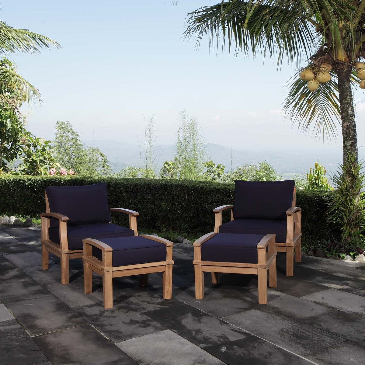 Marina Natural/Navy 4 Piece Outdoor Patio Teak Set - 55x65" - Ornate Home