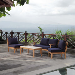 Marina Natural/Navy 5 Piece Outdoor Patio Teak Set - 64x120" - Ornate Home