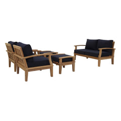 Marina Natural/Navy 5 Piece Outdoor Patio Teak Set - 65x121.5" - Ornate Home