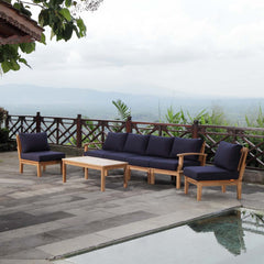 Marina Natural/Navy 7 Piece Outdoor Patio Teak Set - 70x150" - Ornate Home