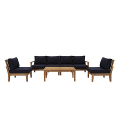 Marina Natural/Navy 7 Piece Outdoor Patio Teak Set - 70x150" - Ornate Home