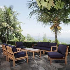 Marina Natural/Navy 8 Piece Outdoor Patio Teak Set - 150x90" - Ornate Home