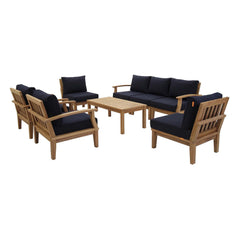 Marina Natural/Navy 8 Piece Outdoor Patio Teak Set - 150x90" - Ornate Home