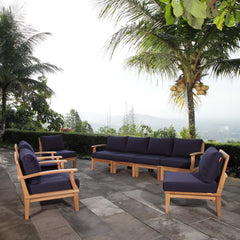 Marina Natural/Navy 8 Piece Outdoor Patio Teak Set - 193x118" - Ornate Home