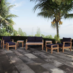 Marina Natural/Navy 8 Piece Outdoor Patio Teak Set - 54.5x160.5" - Ornate Home