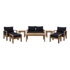 Marina Natural/Navy 8 Piece Outdoor Patio Teak Set - 54.5x160.5" - Ornate Home