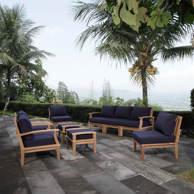 Marina Natural/Navy 9 Piece Outdoor Patio Teak Set - Ornate Home
