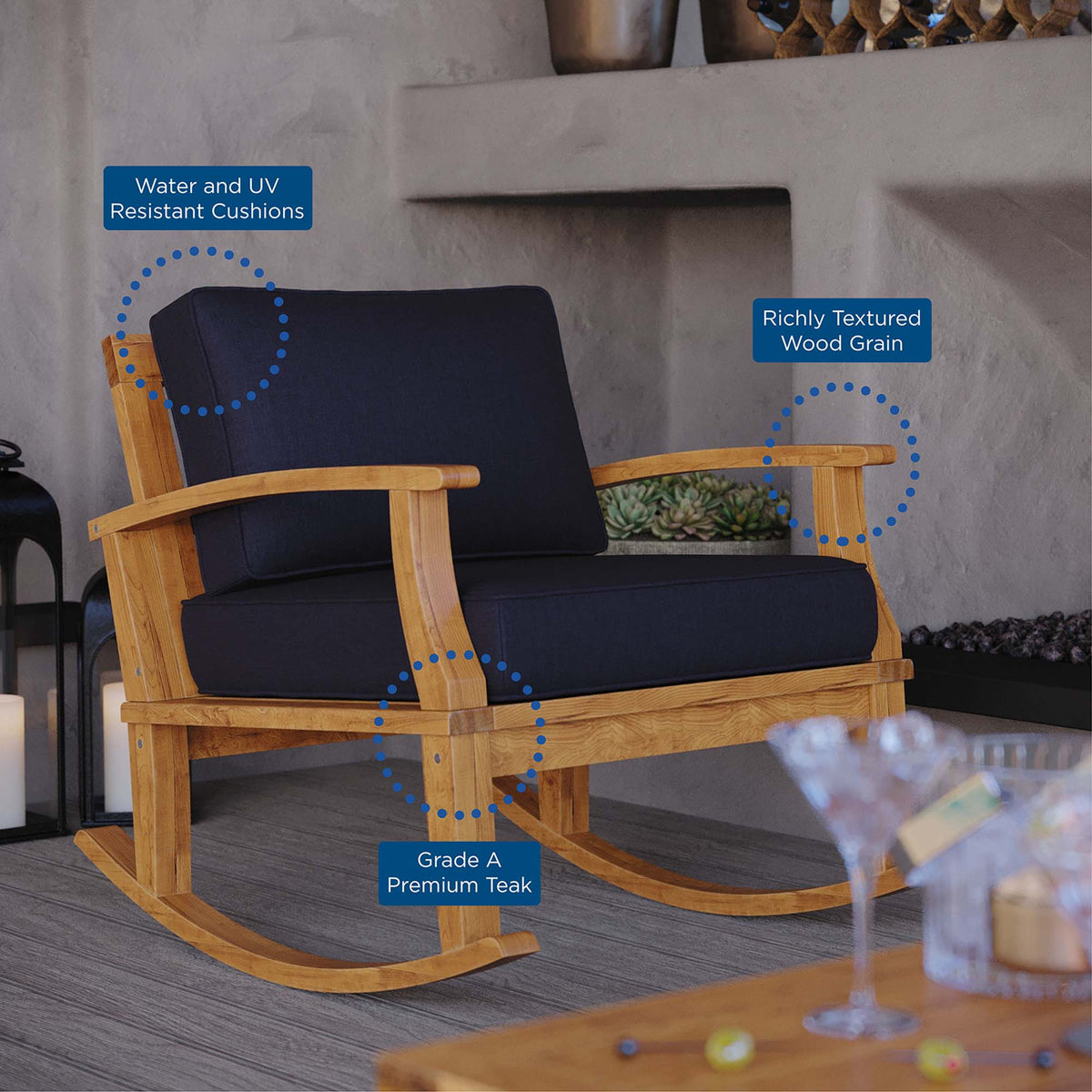 Marina Natural/Navy Outdoor Patio Teak Rocking Chair - Ornate Home