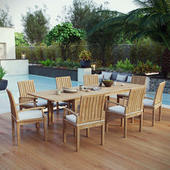 Marina Natural/White 9 Piece Outdoor Patio Teak Dining Set - 119.5x157.5" - Ornate Home