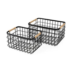 Marius Matte Black Metal with Rope Trim Rectangular Baskets (Set of 2) - Ornate Home