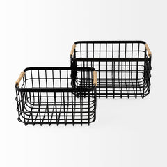 Marius Matte Black Metal with Rope Trim Rectangular Baskets (Set of 2) - Ornate Home