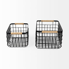 Marius Matte Black Metal with Rope Trim Rectangular Baskets (Set of 2) - Ornate Home
