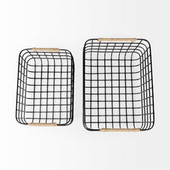 Marius Matte Black Metal with Rope Trim Rectangular Baskets (Set of 2) - Ornate Home