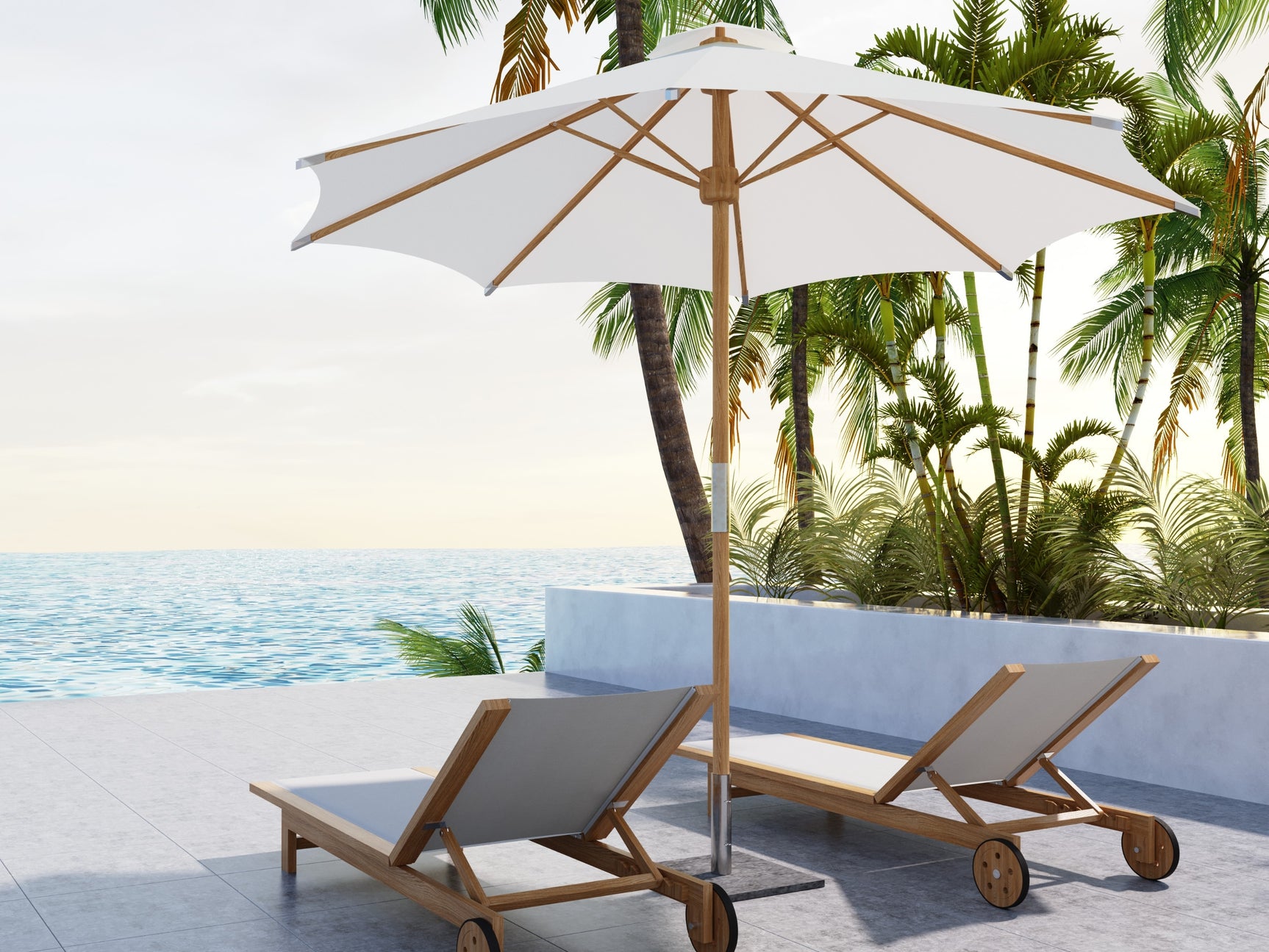 Market 118-inch Diameter Teak White Outdoor Umbrella - Ornate Home