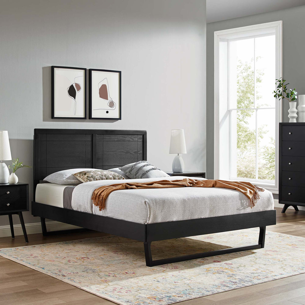 Marlee Black Wood Full Platform Bed With Angular Frame - Ornate Home