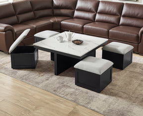 Marta Black/White/Gray Coffee Table with 4 Storage Ottomans - Ornate Home