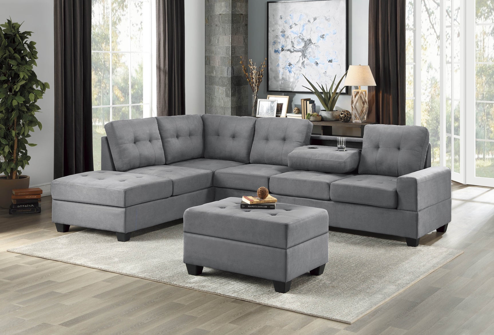 Maston Dark Gray 3-Piece Reversible Sectionals And Storage Ottoman - Ornate Home