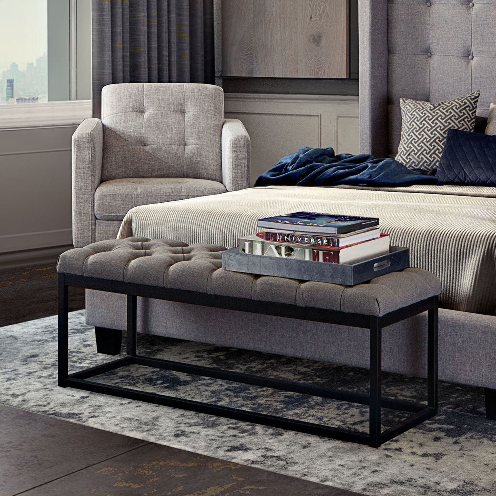 Mateo Grey Tufted Bench - Ornate Home