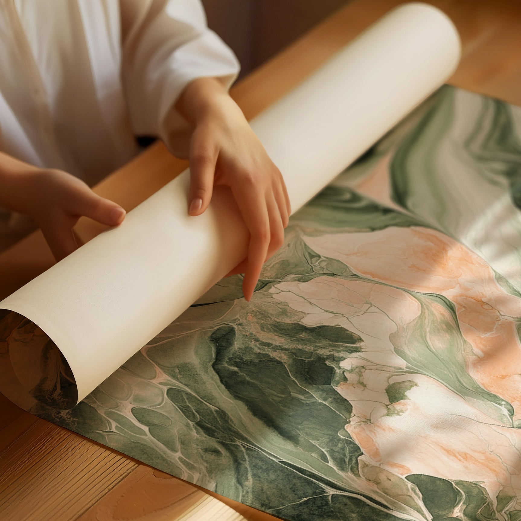 Blush Canyon – Abstract Green & Rose Marble Art
