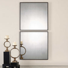 Matty Black Antiqued Square Mirrors (Set of 2) - Ornate Home