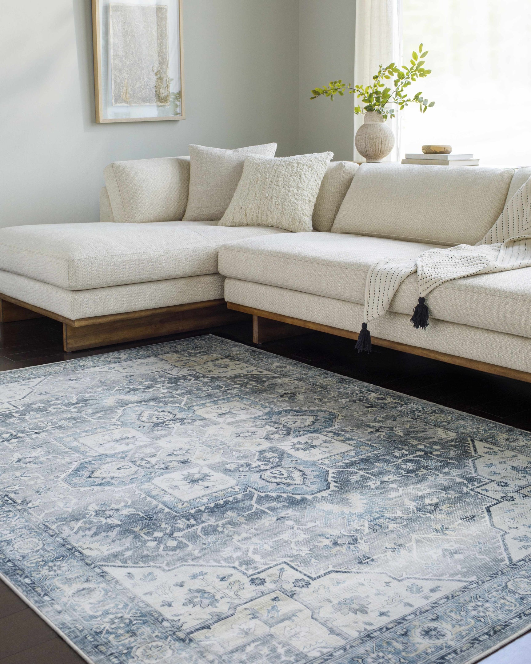 Mauro Blue Medallion Washable Area Rug - Clearance - Ornate Home