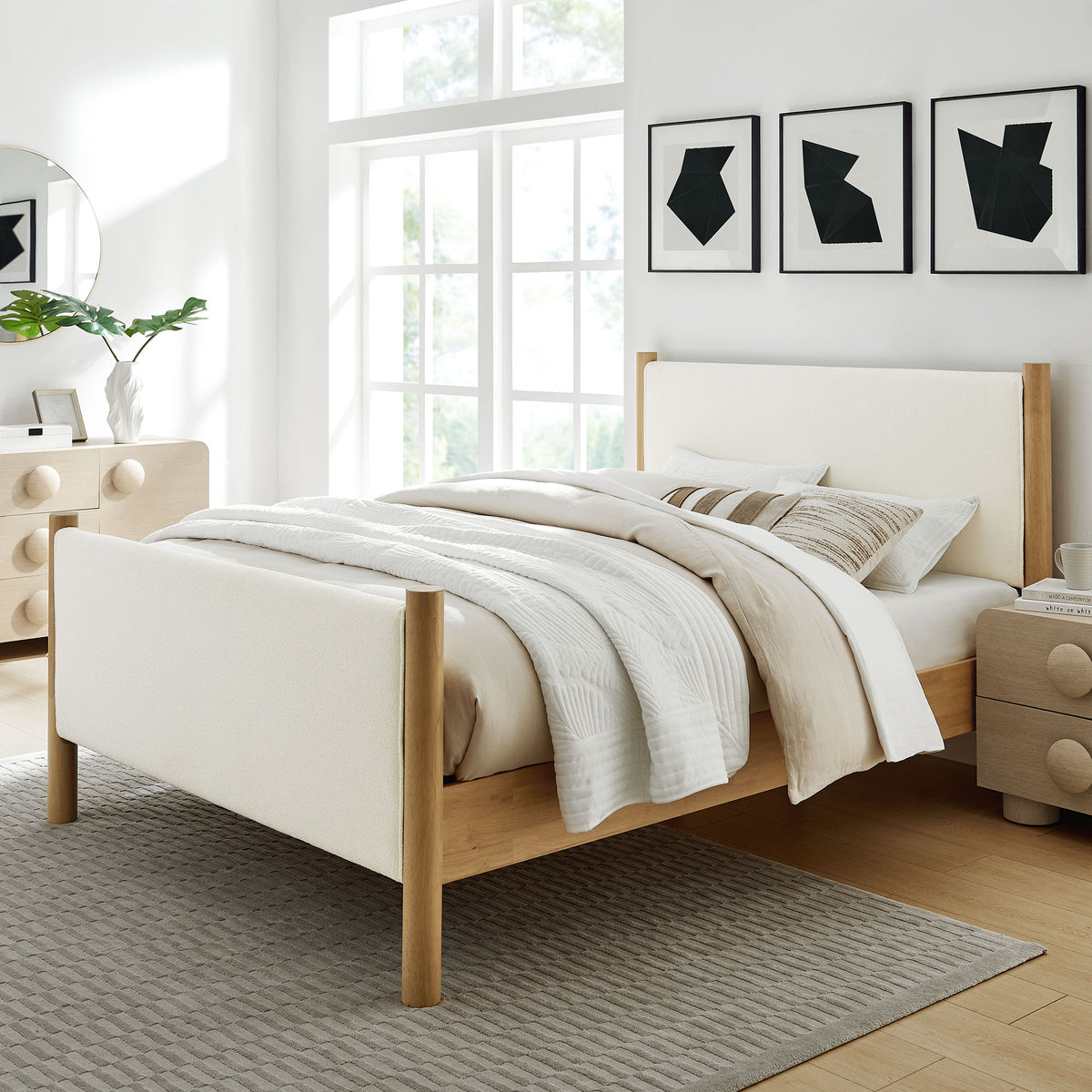 Maven Feather Oak King Size Boucle Upholstered Platform Bed - Ornate Home