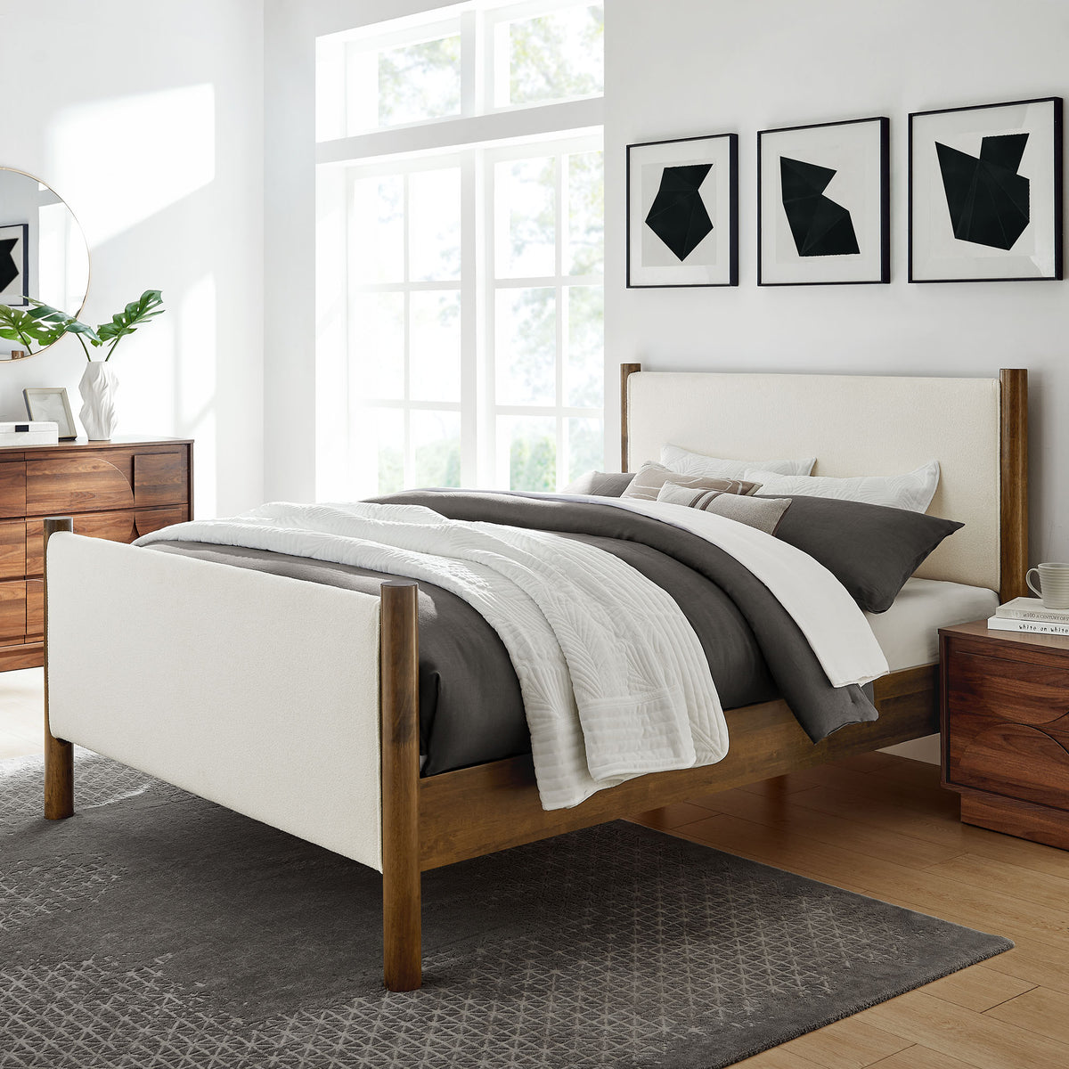 Maven Feather Walnut King Size Boucle Upholstered Platform Bed - Ornate Home